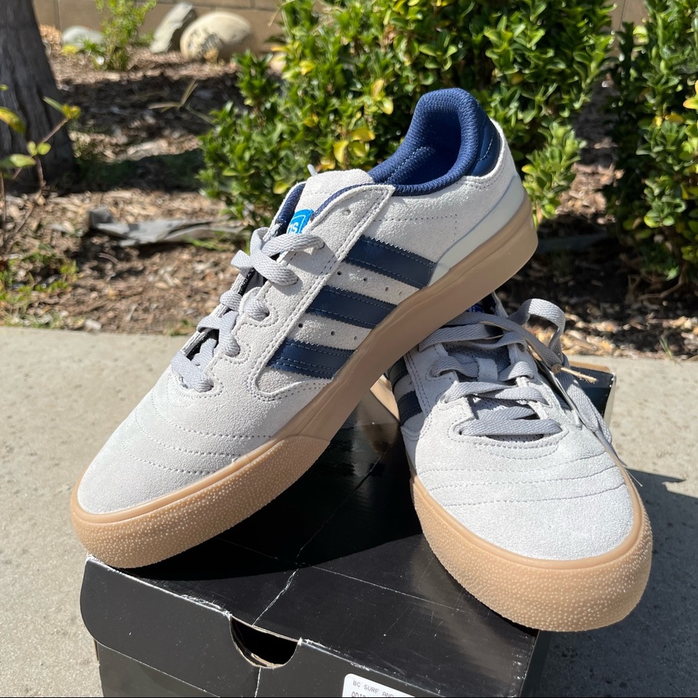 Adidas Busenitz Vulc II Skate Shoes, Light Grey/Navy Blue/Gum